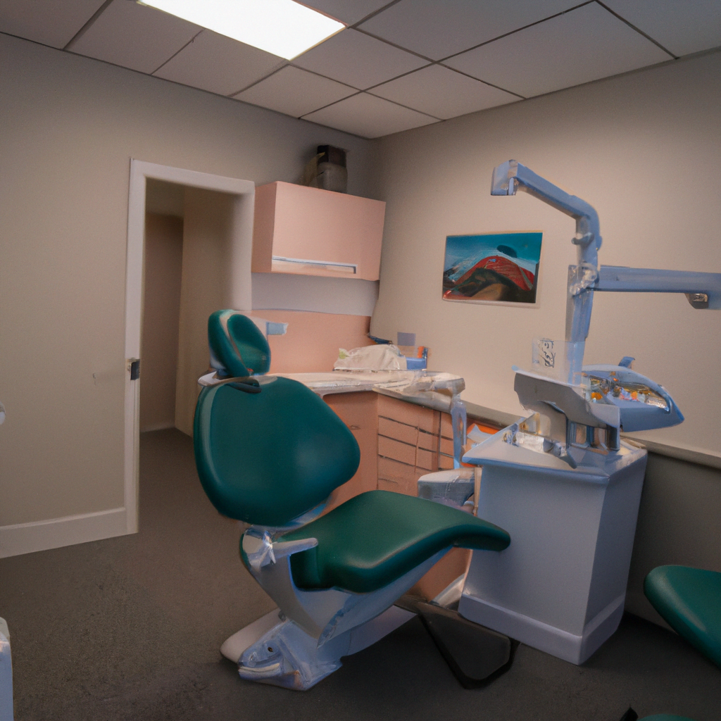 The flooring is a seamless, easy-to-clean material, while the ceiling features recessed lighting that illuminates the room evenly. The reception area is sleek and minimalist with a modern desk and comfortable seating for patients. A large flat-screen TV displays, dental education videos and information about the clinic's services.The dental team is dressed in professional, modern uniforms and ready to provide top-notch care to their patients. They greet each patient with a warm smile and ensure that they feel comfortable and at ease throughout their visit.Overall, this modern dental clinic exudes a sense of sophistication and cutting-edge technology, while also maintaining a welcoming and calming atmosphere for patients. It is a place where patients can feel confident that they are receiving the best care possible in a state-of-the-art environment.