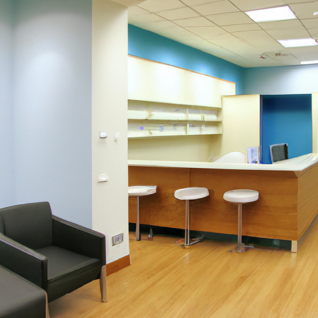 The flooring is a sleek, easy-to-clean material, and the ceiling features recessed lighting to create a bright, welcoming atmosphere. The waiting area is designed with comfortable seating, a modern reception desk, and a large screen displaying health and dental information for patients to read while they wait.

The overall design of the clinic is focused on creating a calming and stress-free environment for patients, with a focus on advanced technology and modern dental care. The staff members are dressed in professional attire, exuding a sense of expertise and professionalism. The clinic is designed to make patients feel at ease and confident in the care they are receiving, with every detail thoughtfully considered to enhance the overall experience.

Overall, this modern dental clinic interior is a harmonious blend of sleek design, advanced technology, and a calming atmosphere, creating a space that prioritizes both the physical and emotional well-being of patients.