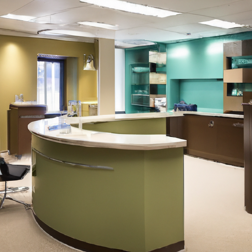 The floors are lined with sleek, easy-to-clean tiles and the room is free of clutter, creating a sense of spaciousness and organization. The reception area features modern furniture and decor, with a digital check-in system, and comfortable seating for patients. The clinic also includes a separate consultation room for discussing treatment plans and options with patients in a private setting.The dental clinic is staffed by a team of highly-trained and friendly professionals who are dedicated to providing top-notch care to their patients. They wear modern dental uniforms and use the latest techniques and equipment to ensure the best possible outcomes for their patients.Overall, this modern dental clinic interior embodies the essence of cutting-edge dental care in a sleek and calming environment, designed to make patients feel comfortable and confident in the care they are receiving.