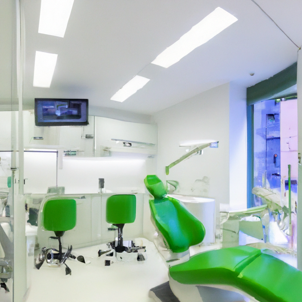 The floors are made of polished white tiles, reflecting the light and creating a sense of spaciousness. The ceiling is high, with recessed lighting, adding to the bright and welcoming atmosphere. The waiting area features comfortable chairs, a sleek reception desk and a water dispenser for patients to stay hydrated.The dental clinic is equipped with state-of-the-art technology, such as digital scanners for accurate impressions, intraoral cameras for detailed examinations, and even virtual reality headsets for patients to relax during procedures. The dentists and staff are dressed in crisp white uniforms, exuding a sense of cleanliness and professionalism.Overall, the modern dental clinic interior is designed to provide a high-quality, comfortable experience for patients seeking advanced dental care. The sleek and minimalist design, combined with the latest technology and calming atmosphere, creates a space that promotes relaxation and confidence in the dental services offered.