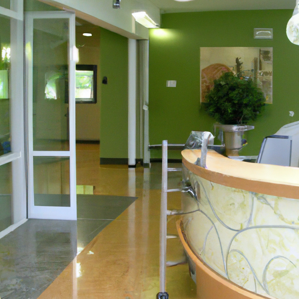 The waiting area is equally modern and inviting, with comfortable seating, a sleek reception desk, and a small refreshment station for patients. The reception area features a digital check-in system, allowing for a smooth and efficient patient experience. The overall design of the clinic is focused on creating a welcoming and stress-free environment for patients, helping them feel at ease during their visit. The clinic also incorporates eco-friendly elements, such as energy-efficient lighting and recycled materials, showcasing a commitment to sustainability. The staff are dressed in stylish and professional uniforms, further enhancing the clinic's image of professionalism and expertise. Overall, this modern dental clinic interior is a perfect blend of functionality and aesthetics, providing patients with a top-notch dental experience in a sleek and advanced setting.