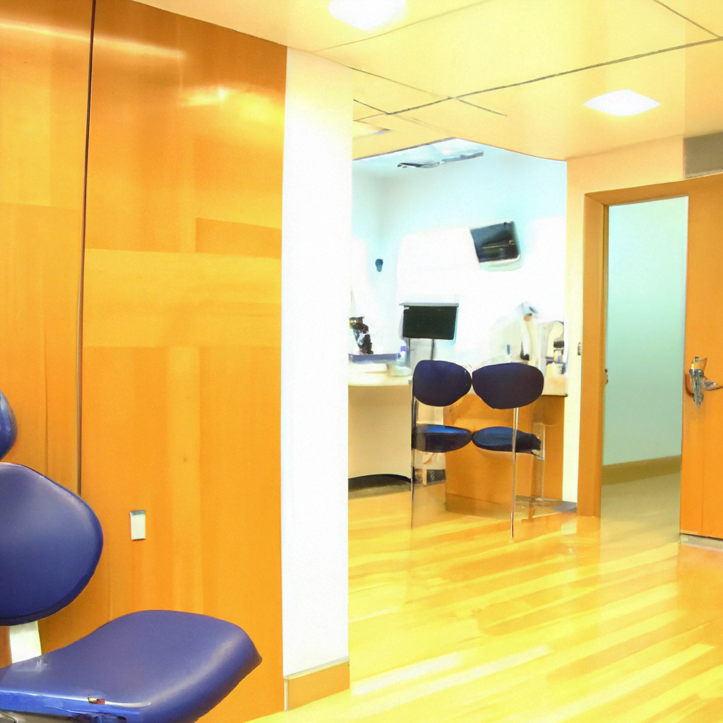 The floor is made of polished hardwood, adding a touch of luxury to the space. The waiting area features comfortable chairs and a sleek reception desk with a modern design. Soft music plays in the background creating a relaxing atmosphere for patients waiting to be seen. The dental clinic also features state-of-the-art technology, such as digital impression scanners, intraoral cameras, and 3D imaging systems for accurate diagnostics and treatment planning. The dental team is dressed in crisp white uniforms, exuding professionalism and expertise. Overall, this modern dental clinic interior is designed to provide patients with a high-quality, comfortable, and advanced dental care experience. It combines sleek design elements with cutting-edge technology to create a space that is both aesthetically pleasing and functional, setting a new standard for dental clinics in the industry.