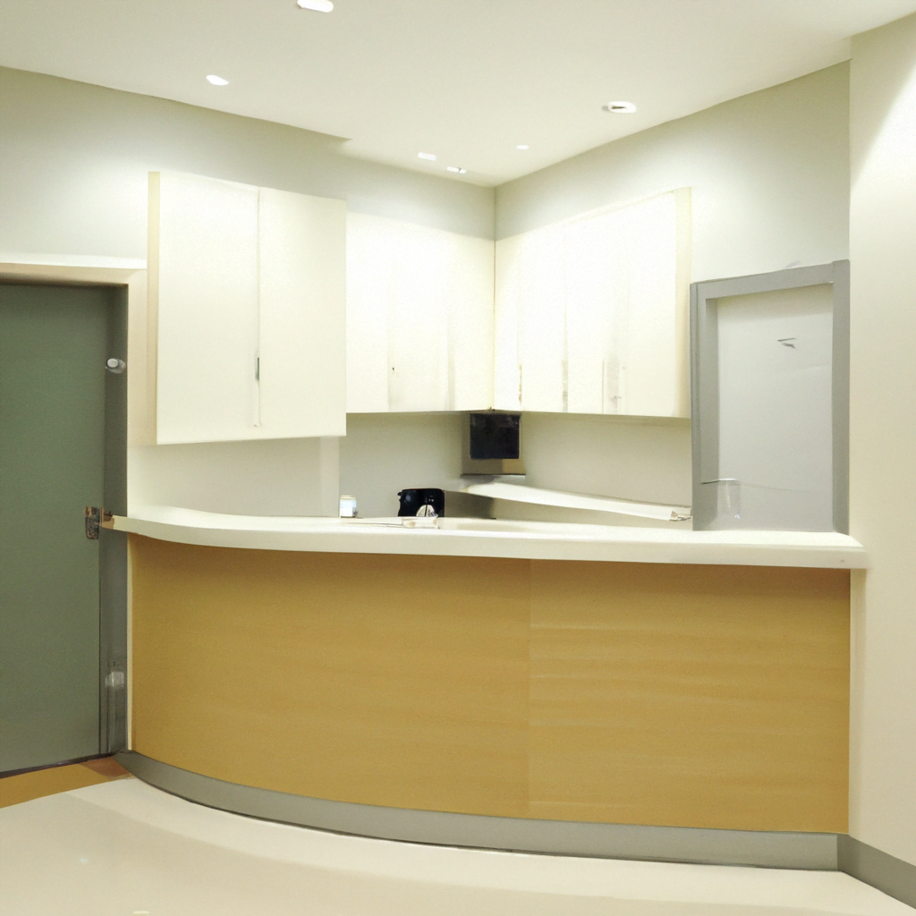 The floor is made of sleek, easy-to-clean material, and the ceiling features recessed lighting that provides a soft, ambient glow. The waiting area is designed with comfortable chairs and a modern reception desk, where patients can check in and relax before their appointments.

The overall atmosphere of the clinic is one of sophistication and efficiency, with a focus on providing top-notch care in a welcoming space. The staff are dressed in modern, professional attire and are knowledgeable in the latest dental techniques and technologies.

Overall, this modern dental clinic interior is designed to provide patients with a sense of calm and confidence in the care they are receiving, while also showcasing the clinic's commitment to staying at the forefront of dental innovation.