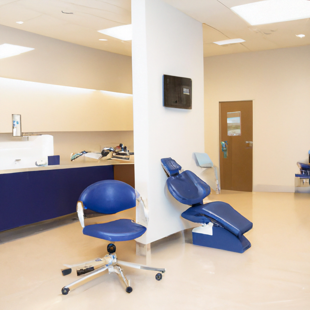 The flooring is a polished concrete, adding to the modern aesthetic of the clinic. The waiting area features comfortable chairs and a sleek reception desk, where patients are greeted by friendly staff members. The overall atmosphere is welcoming and inviting, with a focus on providing top-notch dental care in a comfortable setting.The dental team is dressed in modern, professional attire, and they exude confidence and expertise as they interact with patients. The clinic is equipped with state-of-the-art equipment and technology, allowing for efficient and precise dental procedures.Overall, this modern dental clinic interior is a reflection of the clinic's commitment to providing high-quality, advanced dental care in a sleek and welcoming environment. Patients feel at ease and confident in the care they receive, knowing that they are in good hands with a team of skilled professionals.