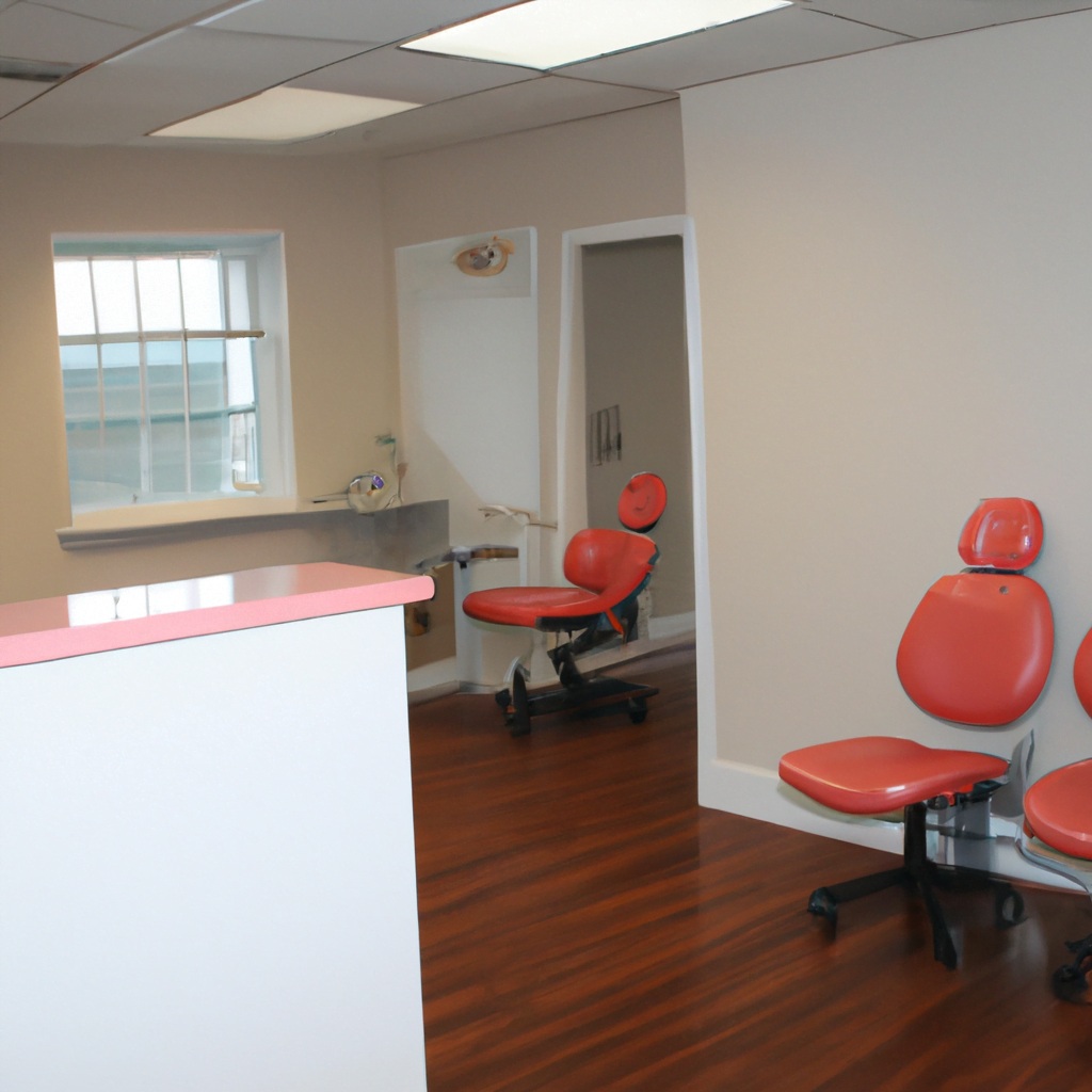 The flooring is a polished, light-colored hardwood, adding to the clean and modern aesthetic of the clinic. The reception area features a sleek white desk with a computer for scheduling appointments and handling paperwork. Comfortable chairs are arranged for patients to wait in, with magazines and brochures on dental care available for browsing.The overall ambiance of the clinic is one of sophistication and efficiency, with a focus on providing top-notch dental care in a calm and inviting setting. The staff are dressed in crisp white uniforms, exuding professionalism and expertise.The clinic is equipped with state-of-the-art equipment and technology, ensuring that patients receive the highest quality care possible. From routine cleanings to more complex procedures, this modern dental clinic offers a comprehensive range of services in a sleek and welcoming environment. Patients can feel confident that they are in good hands when they visit this cutting-edge dental clinic.