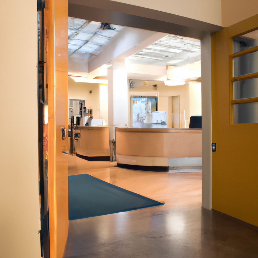 The flooring is a smooth, easy-to-clean surface, with no clutter or unnecessary furniture to create a sense of spaciousness and cleanliness. The reception area is similarly sleek and modern, with a minimalist desk and comfortable seating for patients. The overall design of the clinic is intended to make patients feel at ease and confident in the quality of care they will receive. The staff are dressed in professional attire and are friendly and welcoming, contributing to the overall atmosphere of professionalism and care. This modern dental clinic interior is designed to provide a cutting-edge and comfortable experience for patients seeking top-quality dental care.