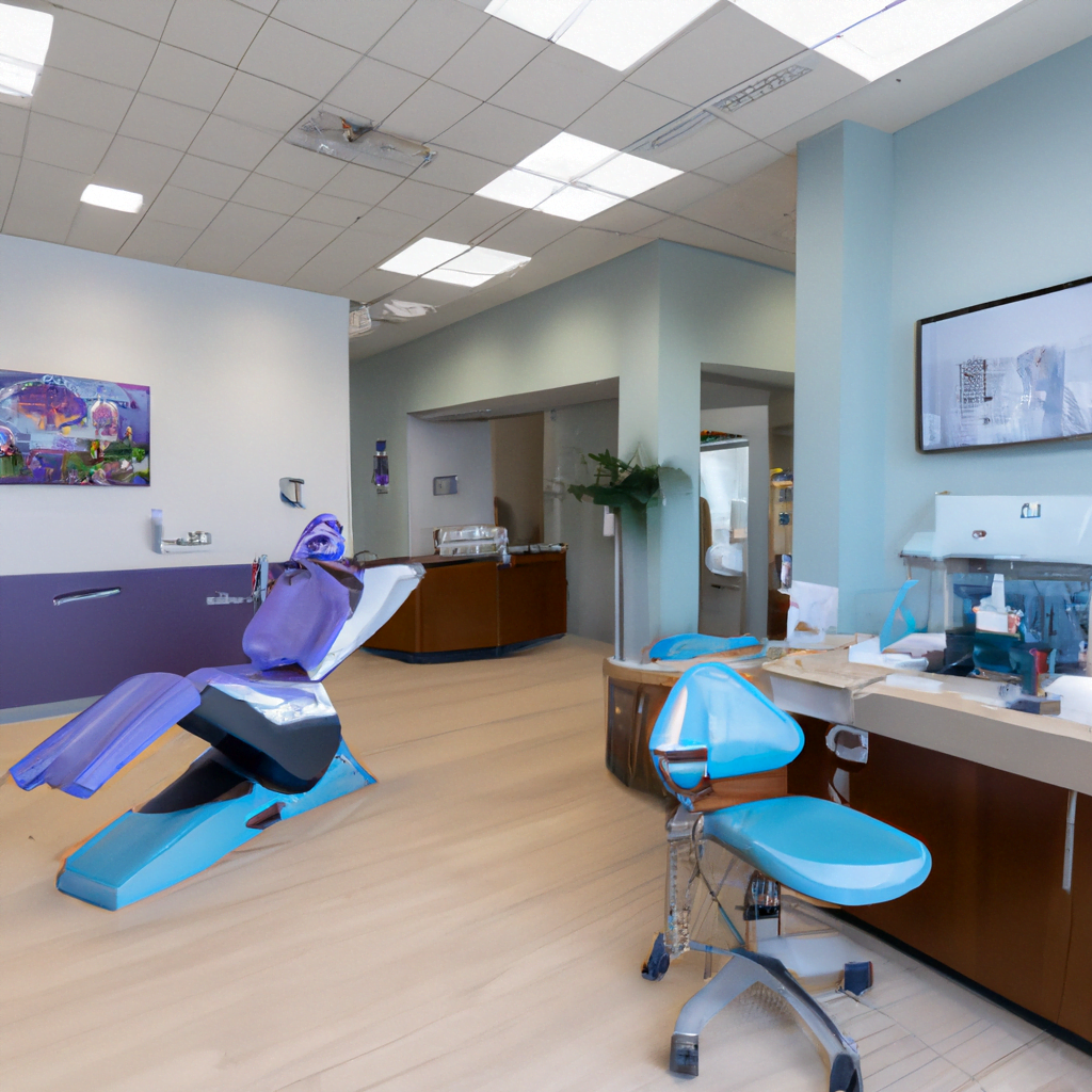 The reception area features a sleek white desk with a digital check-in system and comfortable seating for patients. The walls are adorned with abstract artwork and large mirrors to create an open and spacious feel. Soft instrumental music plays in the background, adding to the calming ambiance.

The dental team is dressed in modern, professional attire and greets patients warmly as they enter the clinic. They are knowledgeable and efficient, ensuring that each patient receives the highest level of care and attention.

Overall, this modern dental clinic interior exudes a sense of sophistication and cutting-edge technology, while also prioritizing patient comfort and well-being. It sets the standard for what a contemporary dental practice should look and feel like, offering a truly exceptional experience for those seeking advanced dental care.