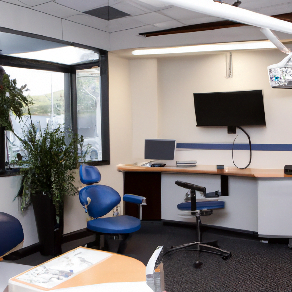 The reception area is equally modern and inviting, with a sleek desk and comfortable seating for patients. A large, high-definition television displays educational dental videos and information about the clinic's services. The waiting area is adorned with contemporary art pieces and live plants, creating a calming atmosphere for patients to relax before their appointments. The staff members are dressed in professional attire and greet patients with warm smiles, offering exceptional customer service and personalized care. The clinic uses state-of-the-art dental equipment and techniques to provide the highest quality of care, ensuring that patients feel confident in their treatment. Overall, this modern dental clinic interior sets the standard for advanced dental care, combining cutting-edge technology with a welcoming and tranquil environment. Patients can feel at ease knowing they are receiving the best possible care in a clean and modern setting.