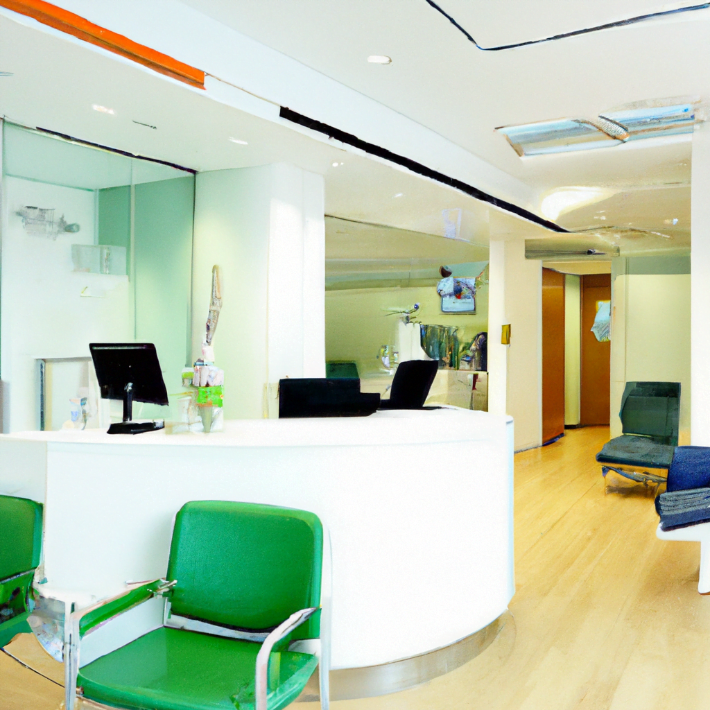 The reception area of the clinic is equally impressive, with a sleek and modern design. A large, curved desk with a glass top is manned by friendly and attentive receptionists ready to assist patients. The waiting area features comfortable and stylish chairs, with small tables for magazines and refreshments. The walls are adorned with tasteful artwork and large, high-definition screens displaying informative dental care tips and promotions.

Overall, the clinic exudes a sense of sophistication and efficiency, while also maintaining a welcoming and calming atmosphere. Patients can feel confident that they are receiving top-notch dental care in a state-of-the-art facility that prioritizes their comfort and well-being. This modern dental clinic is a shining example of the future of dental care, where advanced technology and expert care come together to provide the best possible experience for patients.