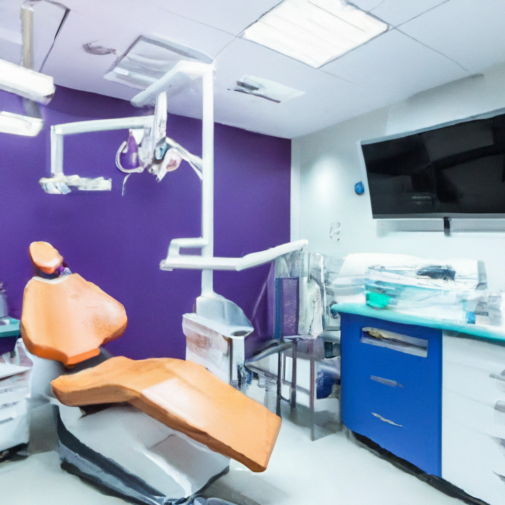 The waiting area is equally modern and inviting, with comfortable seating, a reception desk with friendly staff ready to assist patients, and a sleek water feature to create a soothing ambiance. The overall design of the clinic is functional and efficient, with a focus on patient comfort and care. The dental clinic also features state-of-the-art equipment such as digital scanners, 3D printers for creating dental implants, and advanced sterilization systems to ensure the highest level of cleanliness and safety. The staff is highly trained and knowledgeable, providing top-notch dental services using the latest techniques and technology. Overall, this modern dental clinic exudes a sense of sophistication and professionalism, offering patients a cutting-edge dental experience in a calming and welcoming environment. It sets a new standard for dental care, showcasing the future of dentistry in a sleek and advanced setting.