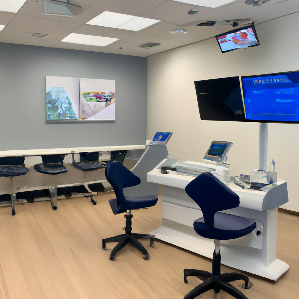 The waiting area is equally sleek, with comfortable chairs, a reception desk with a digital check-in system, and a TV screen displaying dental education videos. The overall ambiance is inviting and welcoming, making patients feel at ease and confident in the care they will receive.The dental clinic staff are dressed in modern, professional uniforms and greet patients with a warm smile. They are knowledgeable and well-trained in the latest dental techniques and treatments, ensuring that each patient receives the highest level of care.Overall, this modern dental clinic interior embodies the perfect blend of sophistication and comfort, setting a new standard for advanced dental care. Patients leave feeling satisfied and confident in their dental health, knowing they have received top-notch treatment in a state-of-the-art environment.