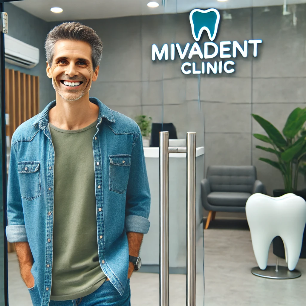 A bright, smiling patient leaving Mivadent clinic.