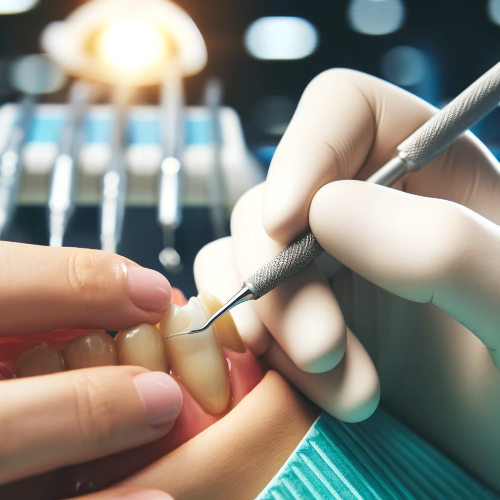 A close-up image of a dentist using composite materials for tooth restoration.