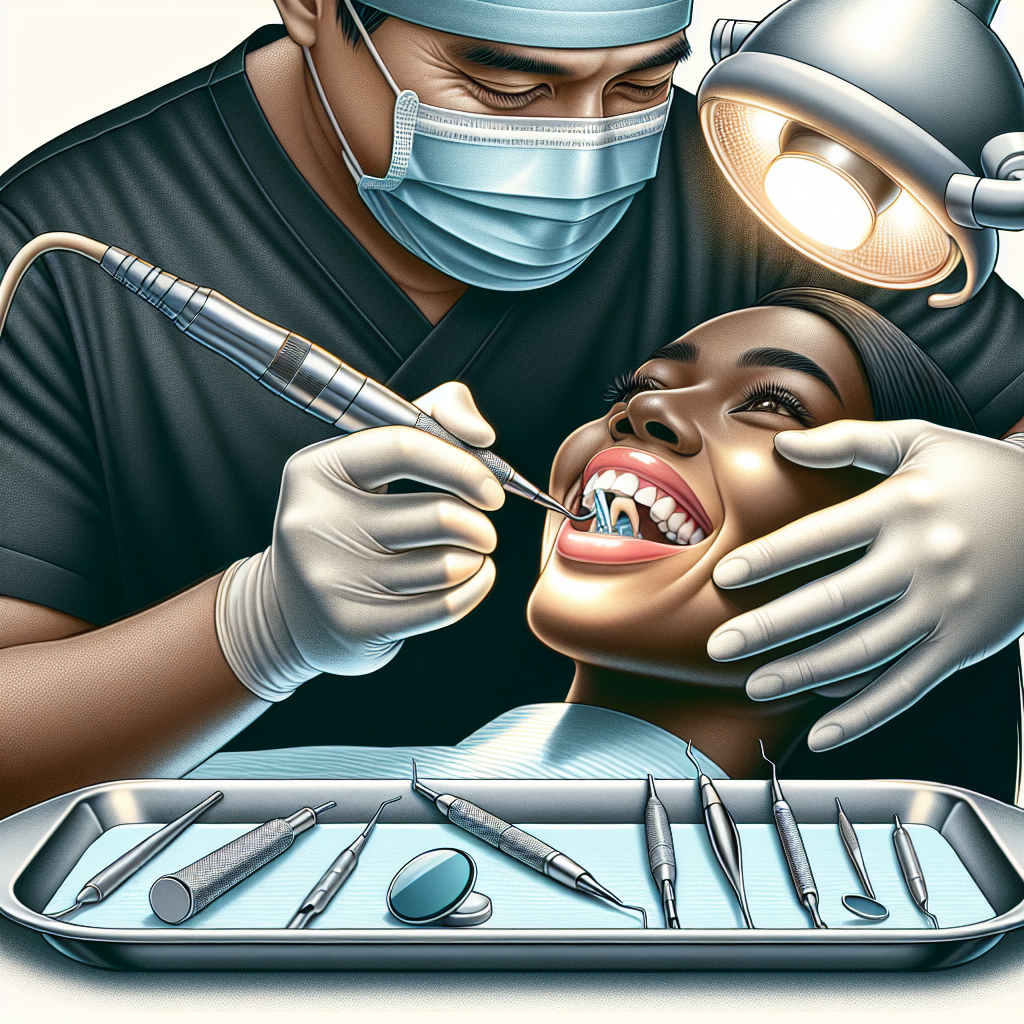 A close-up photo of a dentist using composite material for dental restoration.