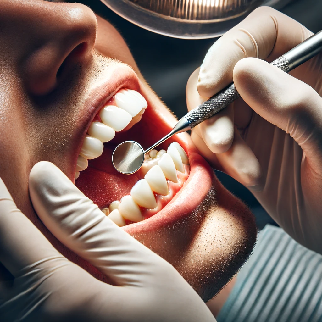 A close-up photo of a dentist using composite material for filling a patient's tooth.