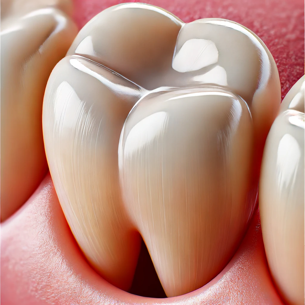 A close-up photo of a natural-looking composite dental filling.