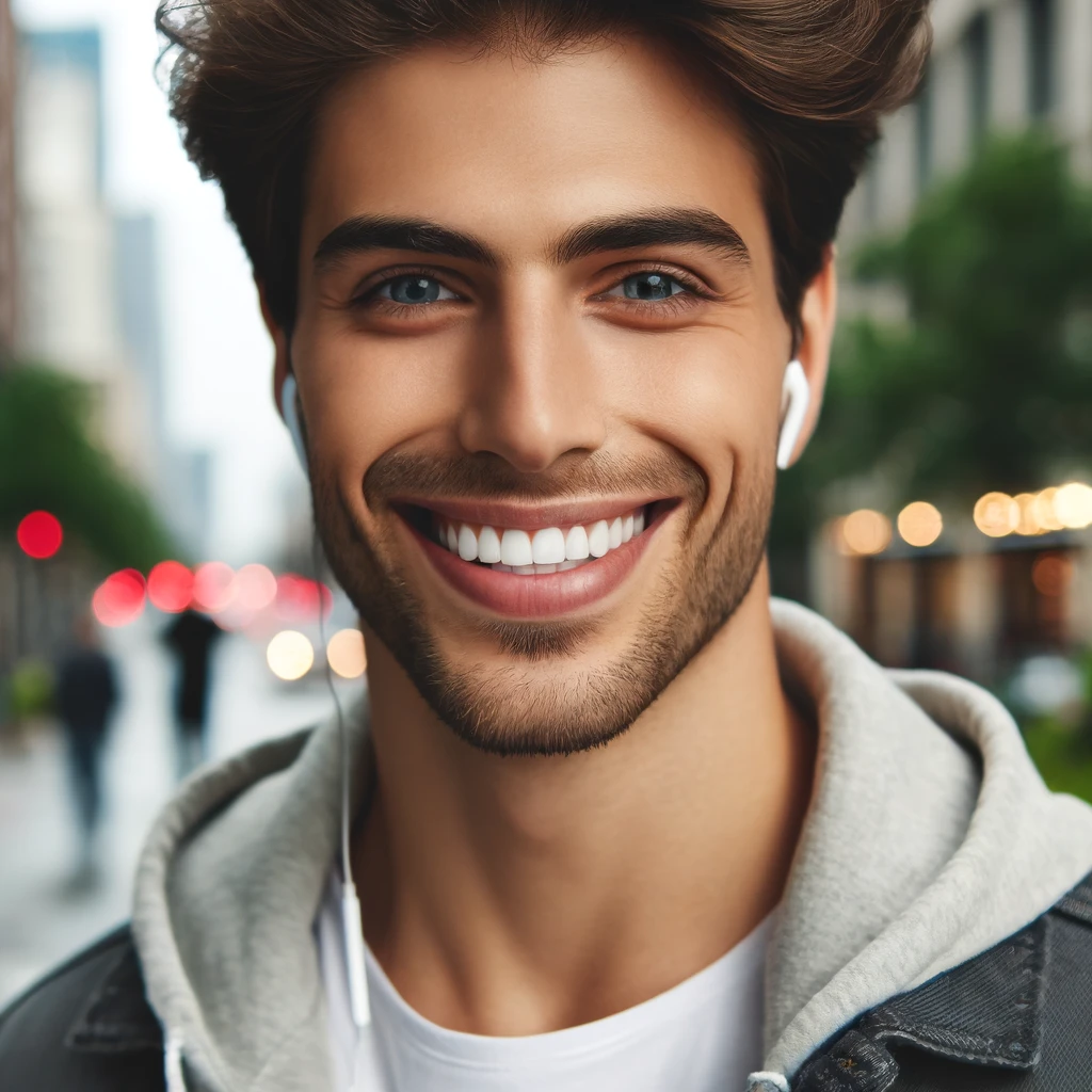 A confident person smiling with beautiful teeth.