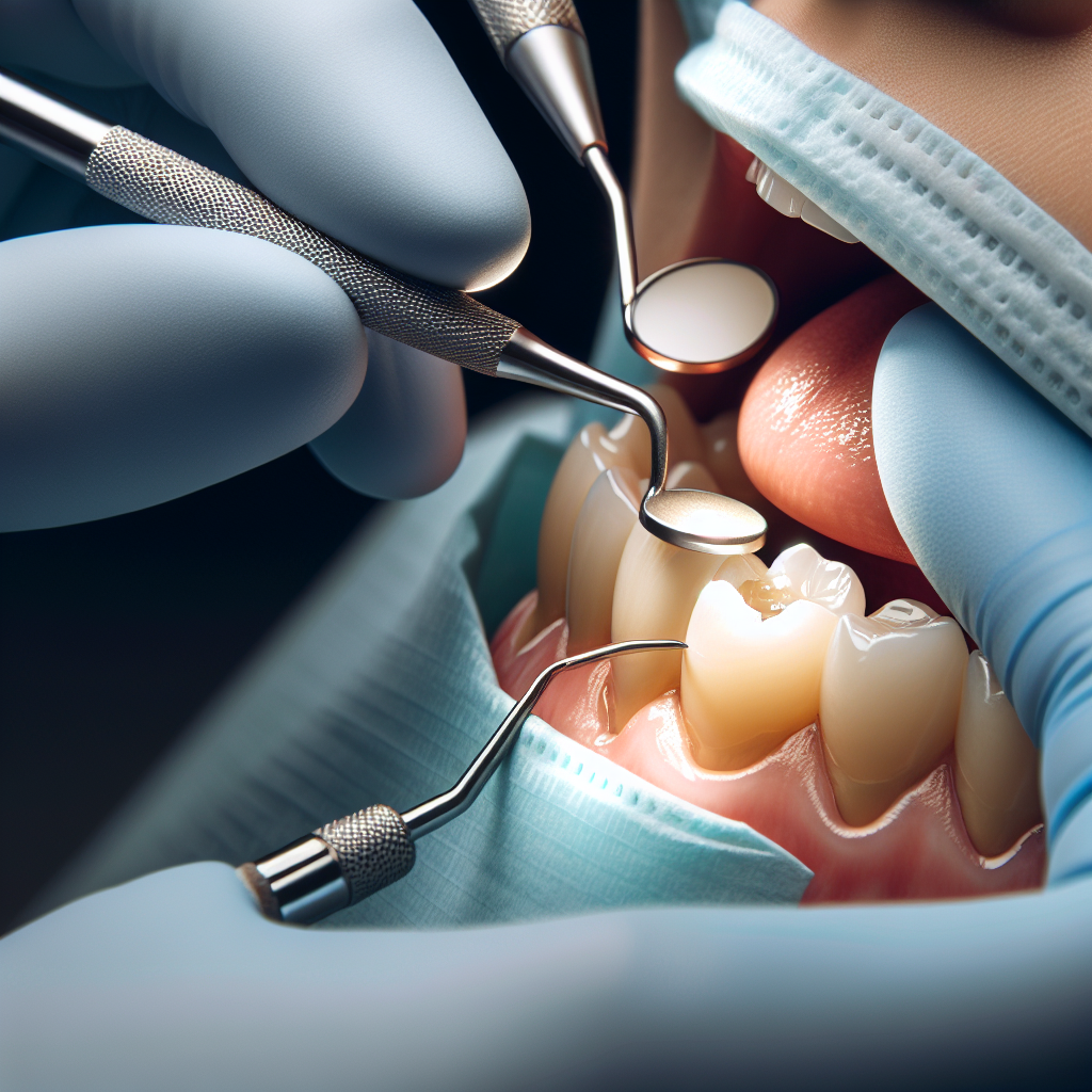 A dental composite filling being skillfully applied.