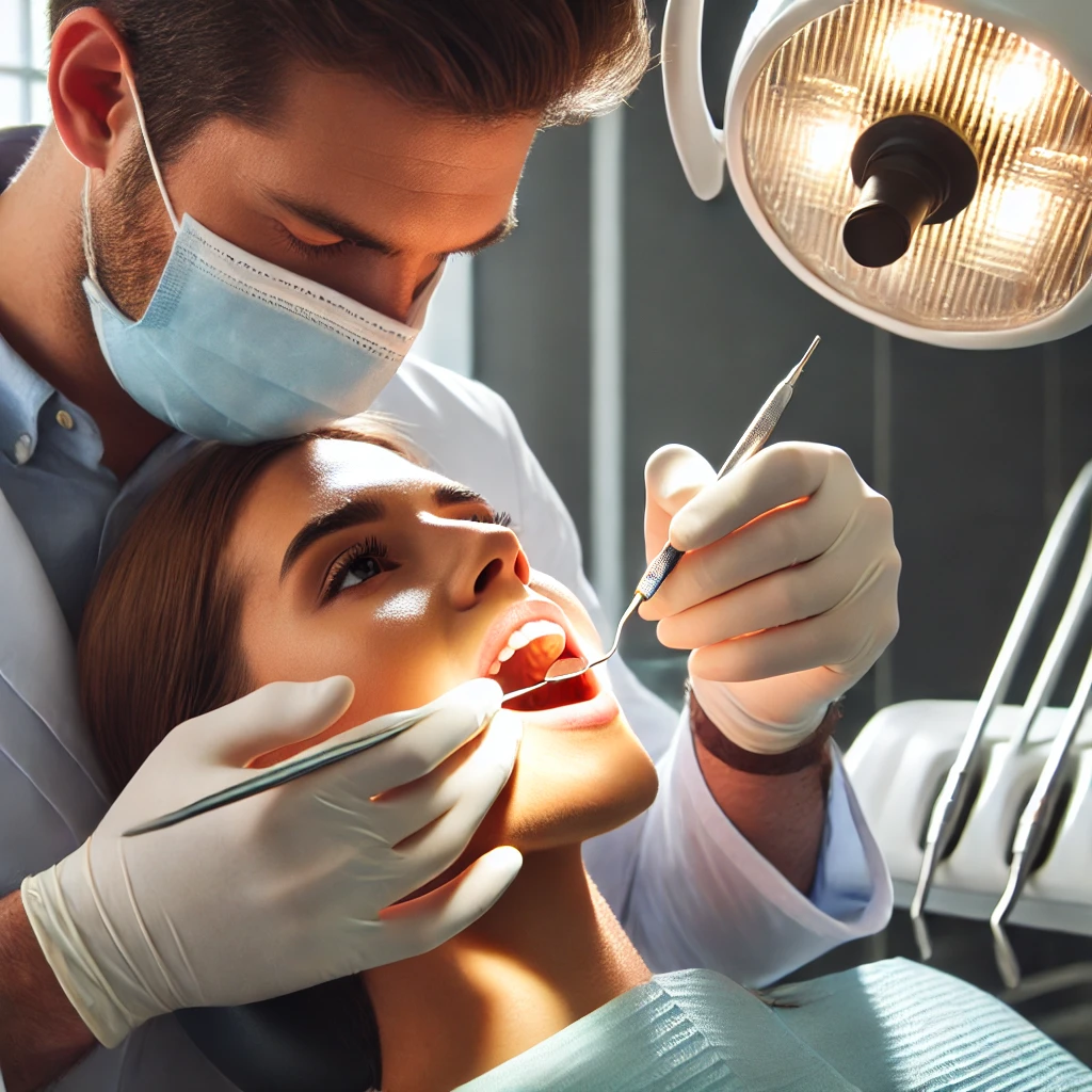 A skilled dentist carefully examining patient's mouth.