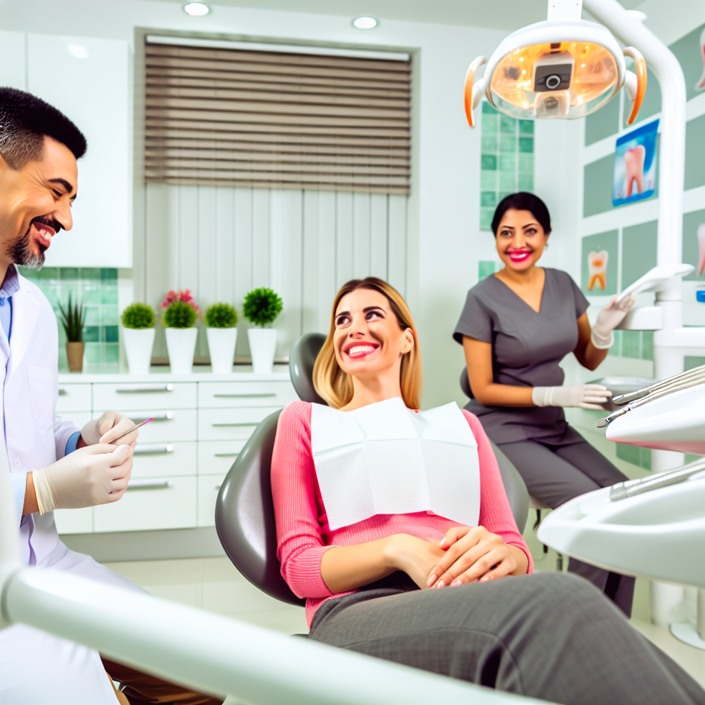 Dental clinic, modern, with patients happy and satisfied.