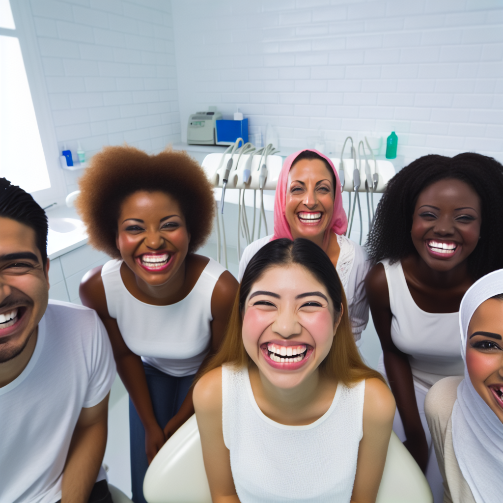 Patients smiling with teeth shining in the clinic.